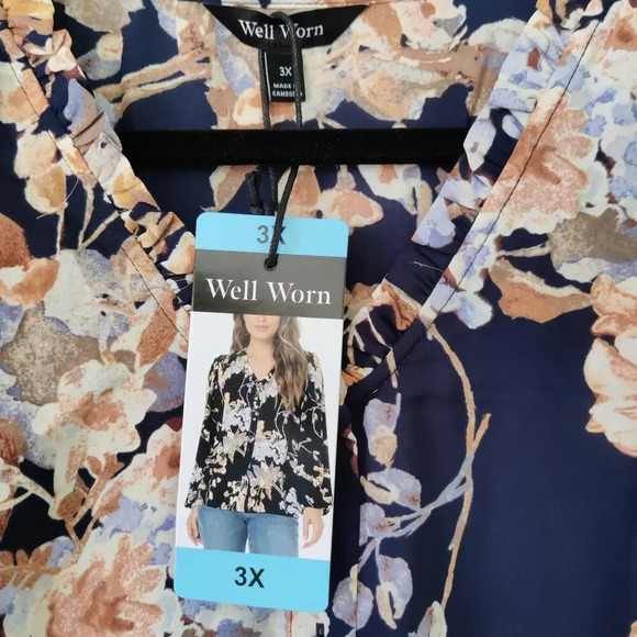 Well Worn Navy Floral Blouse Sz 3X Button Up Long Sleeve V-Neck Sheer Boho - Picture 4 of 7